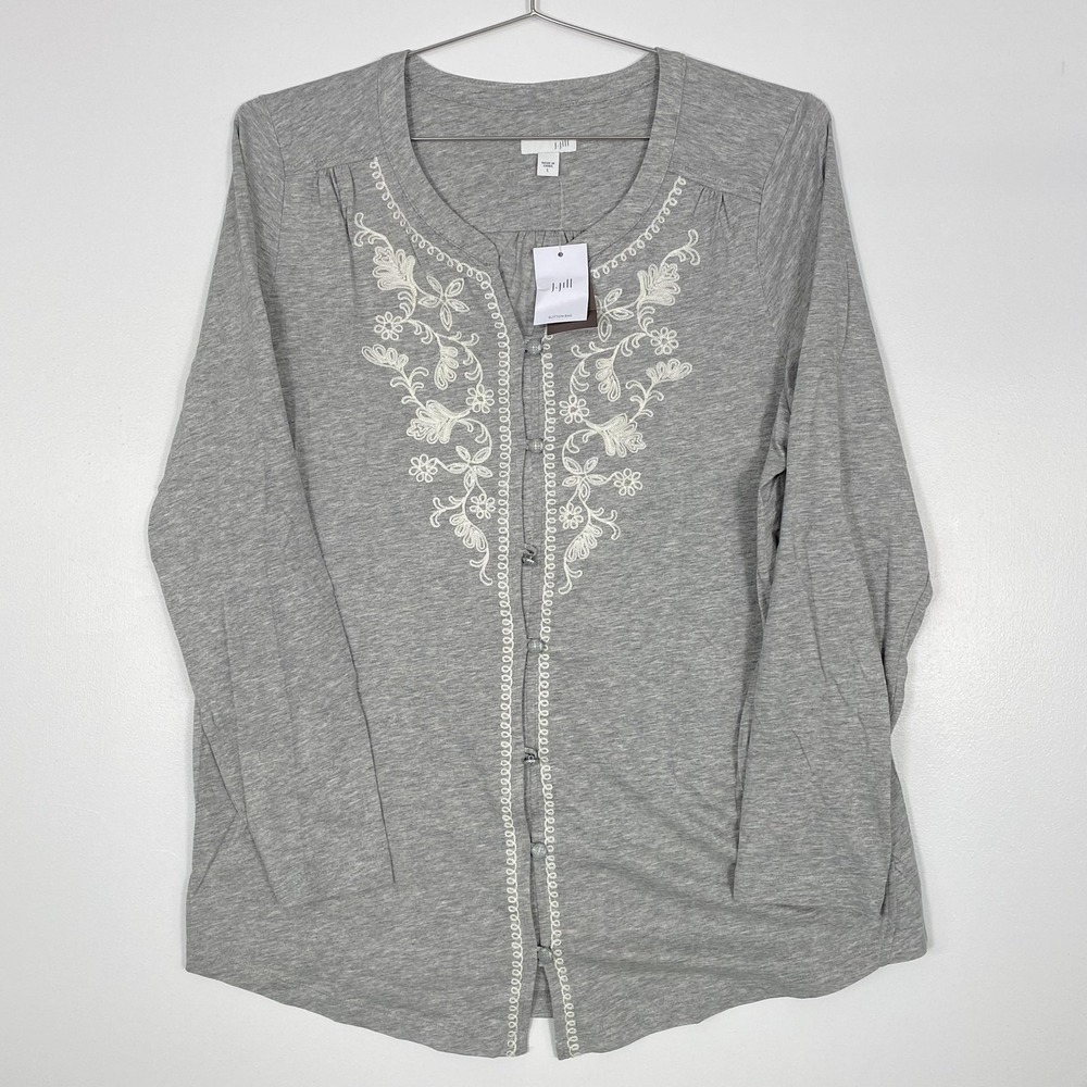 J Jill Cardigan Sweater Womens Large Gray Heather Embroidered Button Front NWT